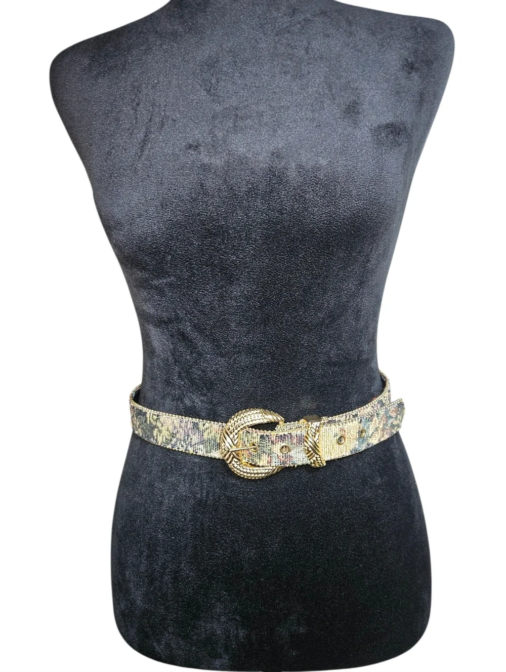 Vintage Women's Floral Tapestry Statement Belt With Gold Buckle Size S
